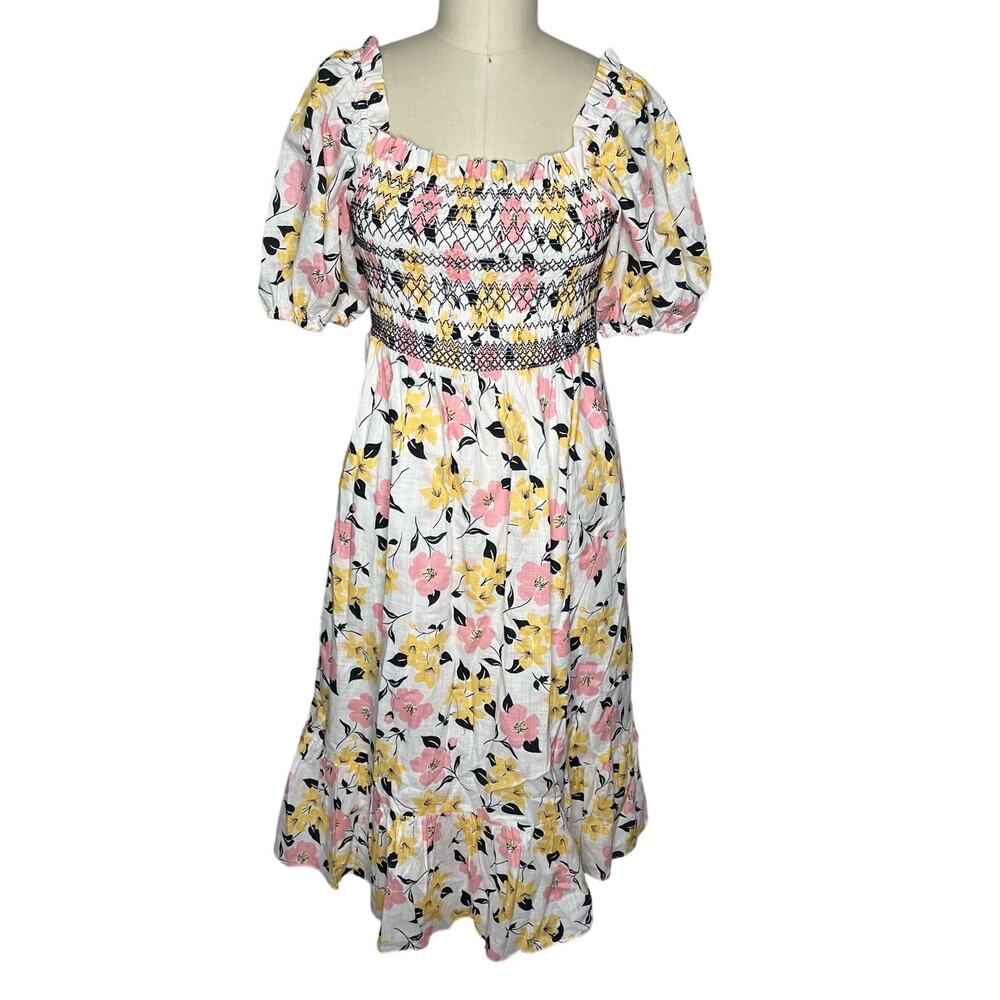 Kate Spade Lily Blooms Smocked Puff Sleeve Midi Dress Size Medium